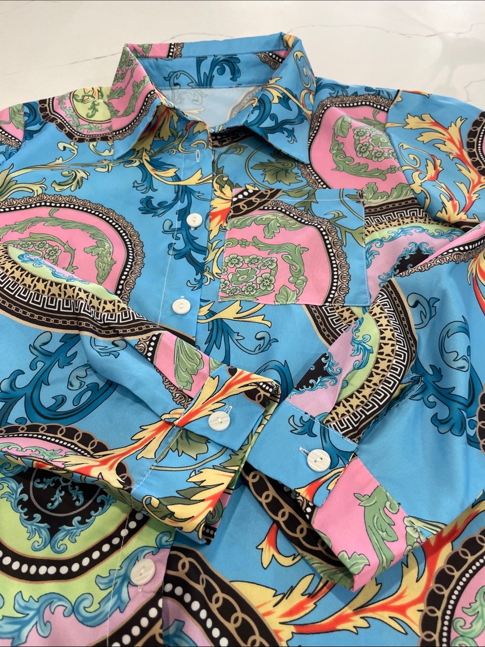Ladies Blue Printed Long-Sleeve Shirt - Picture 2 of 8